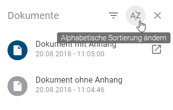 Der Screenshot zeigt die Schaltfläche "Alphabetische Sortierung ändern" in der Dokumentenleiste.