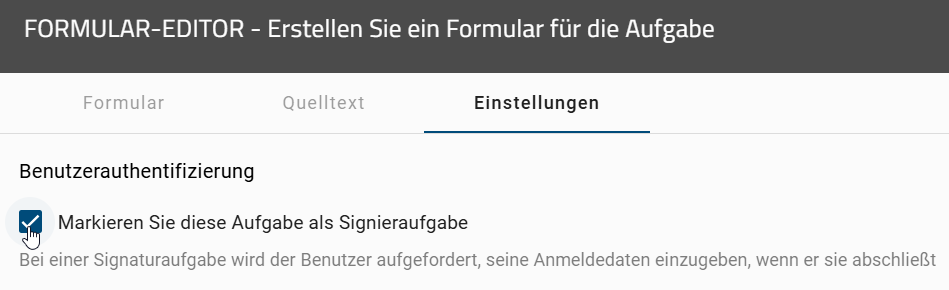 Dieser Screenshot zeigt die Registerkarte Einstellungen des Formular-Editors.